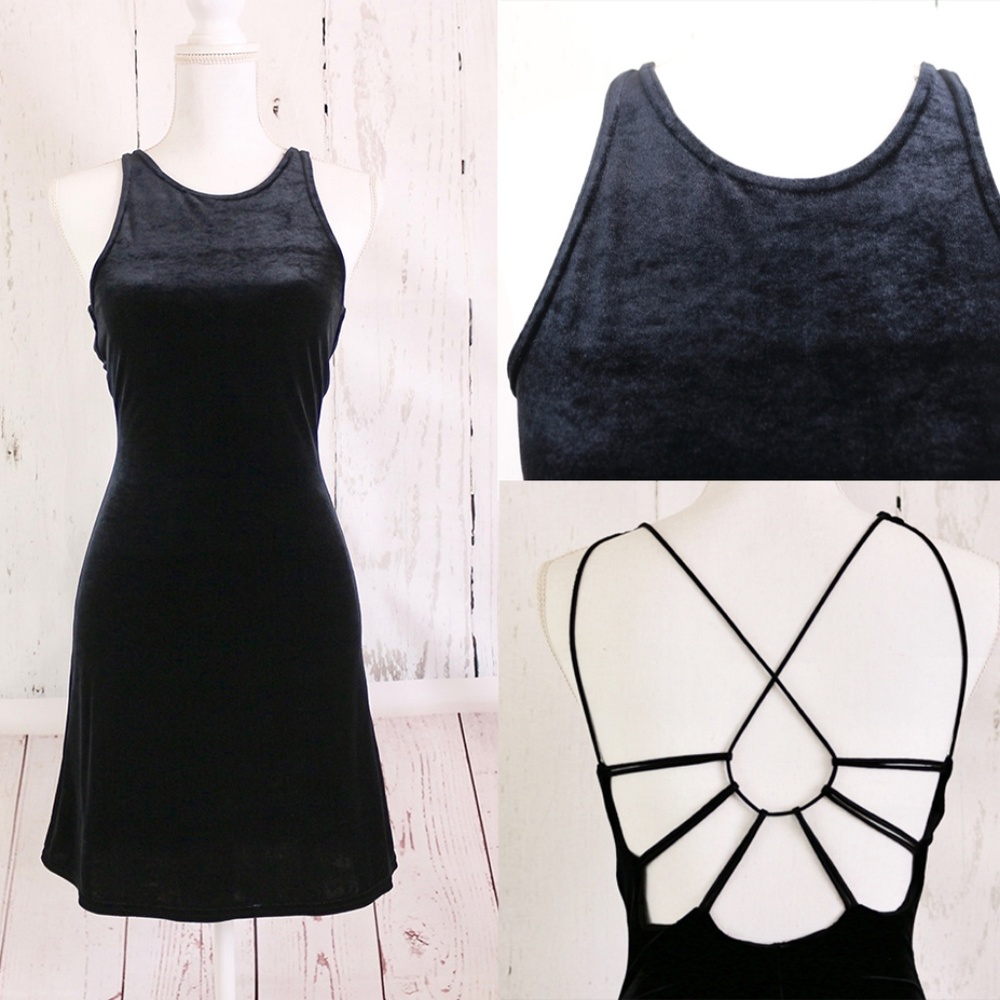 VTG 90s Black Stretch Velvet Goth Mini Dress Sz 6